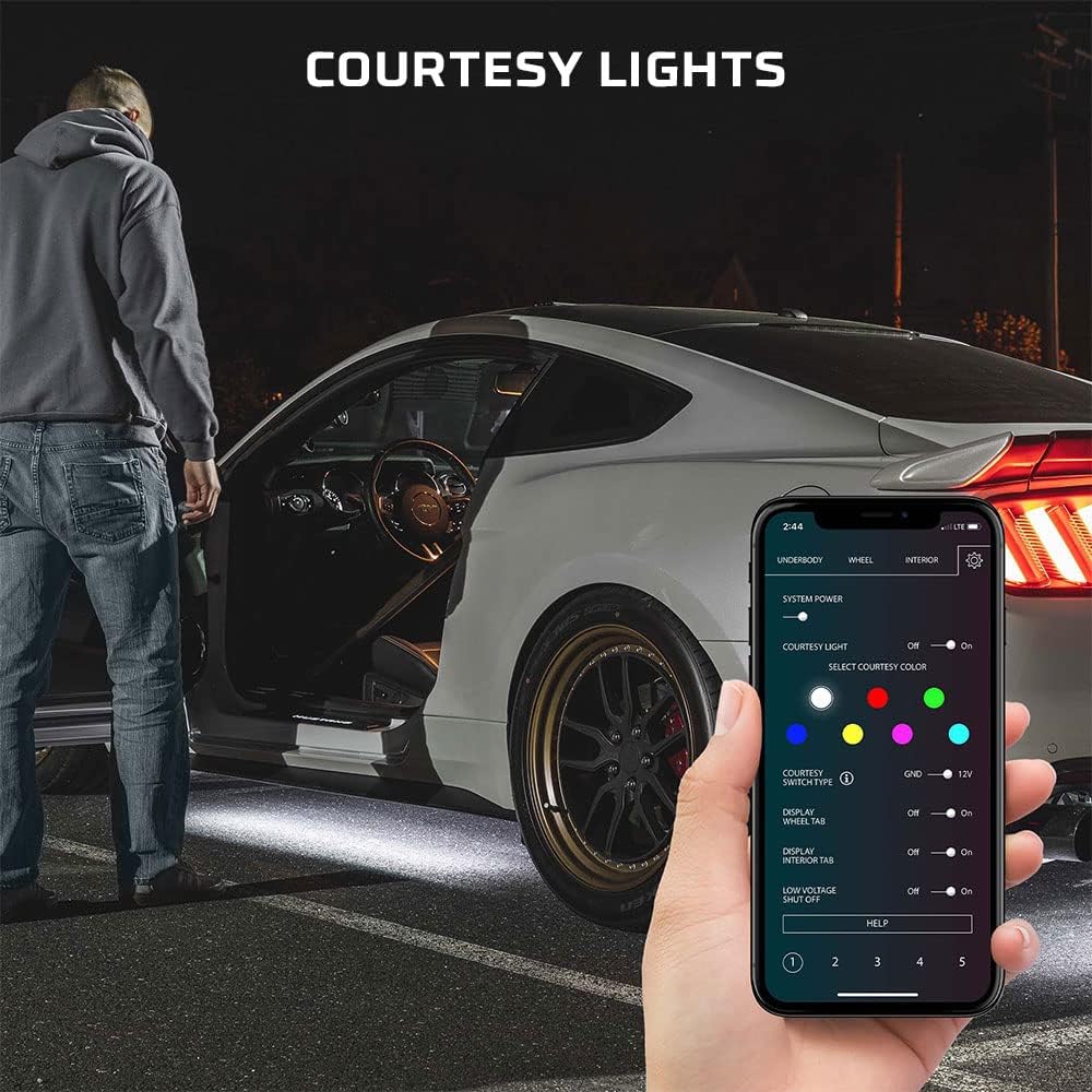 4pc Bluetooth LED Underbody Underglow Kit with Interior Footwell Accent Lighting S13443