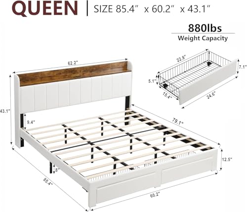 White Upholstered Queen Bed Frame with Headboard and 2 Storage Drawers H3470