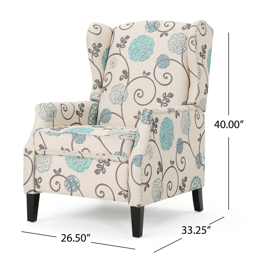 White and Blue Fabric Wing Back Recliner M18865