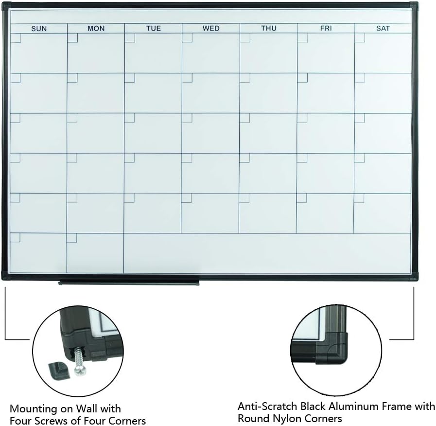 Black Aluminium Framed Magnetic Dry Erase Calendar Whiteboard 36 x 24 Inch B408