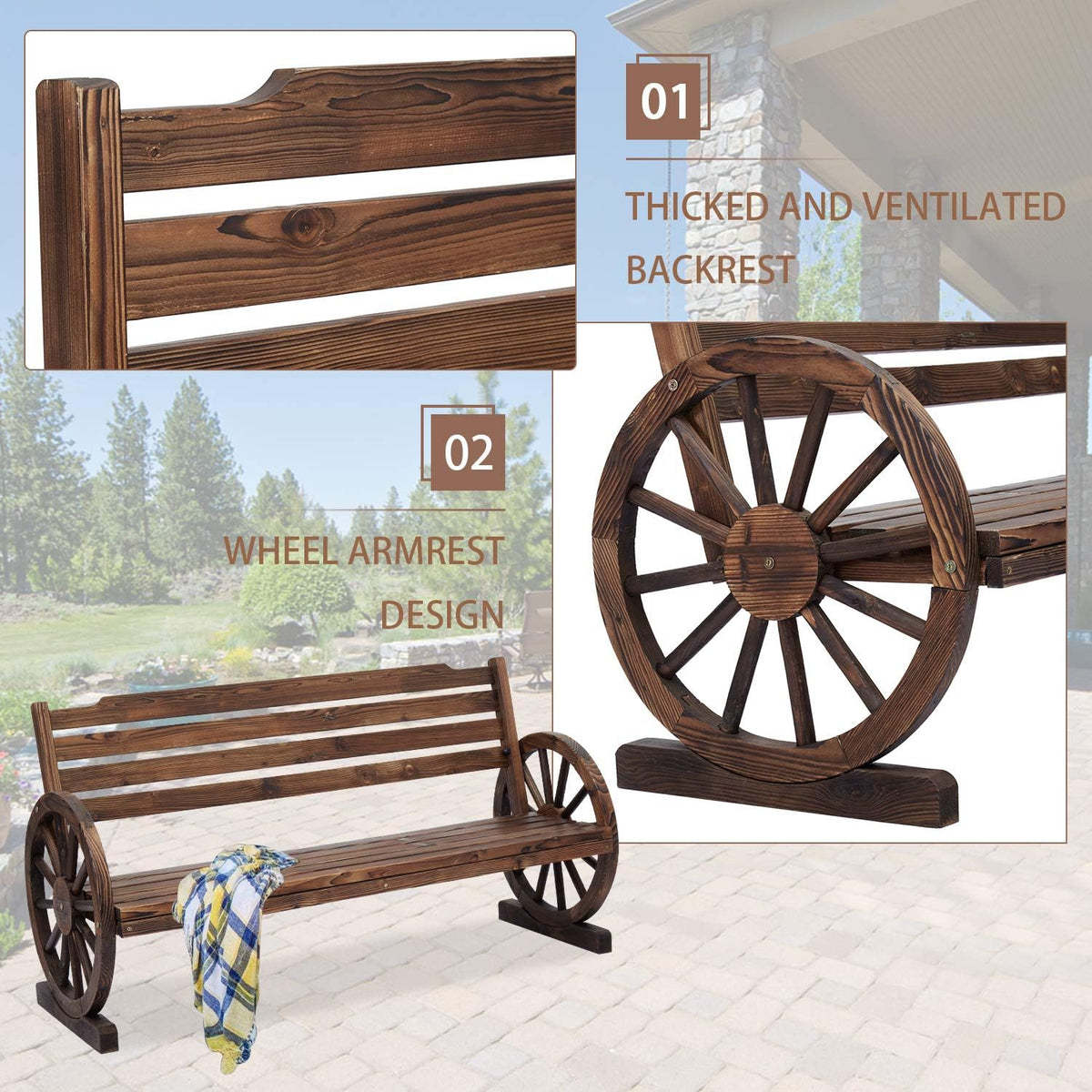 Wooden Wagon Wheel Bench Z4037