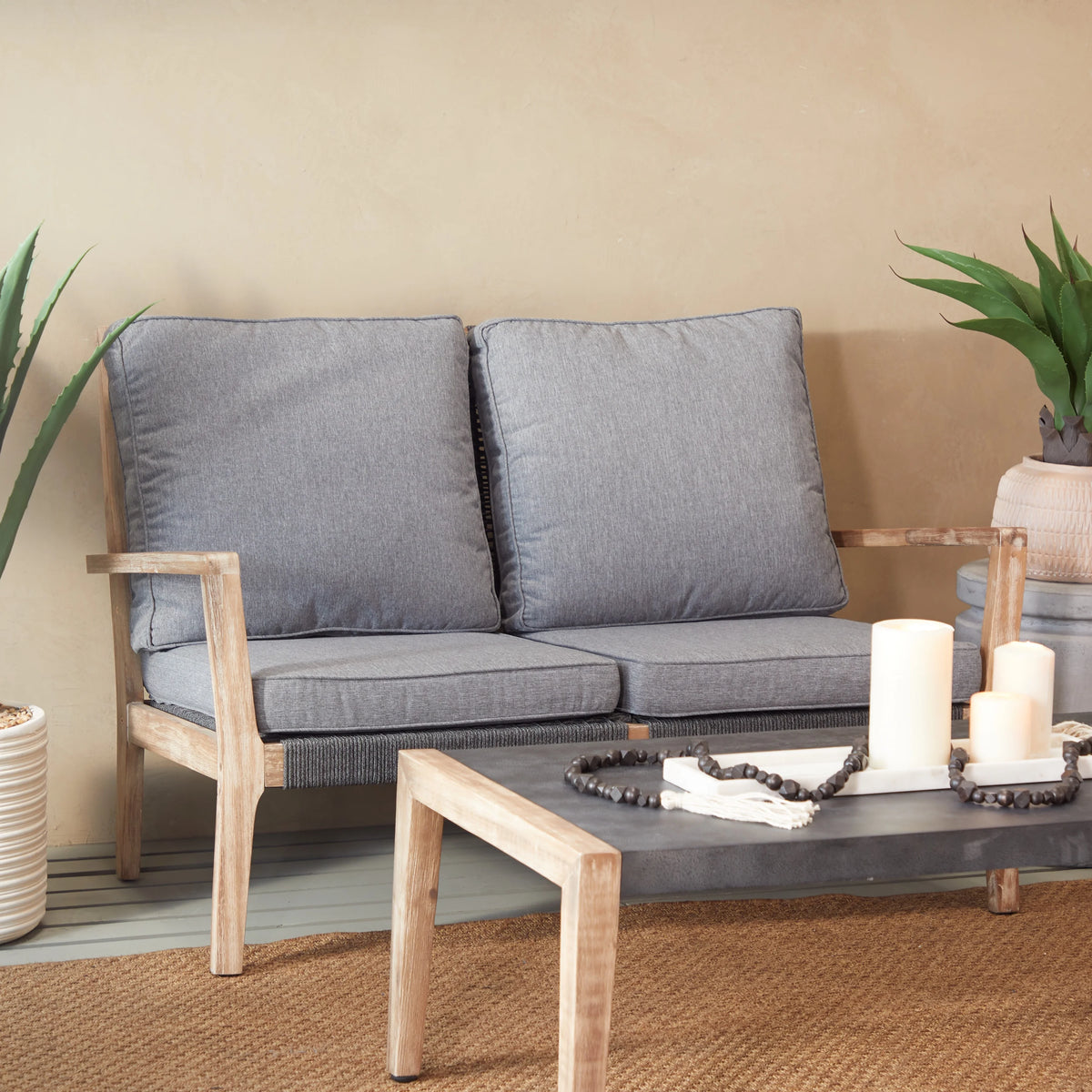 Dark Gray Wood Outdoor Sofa with Cushions E308