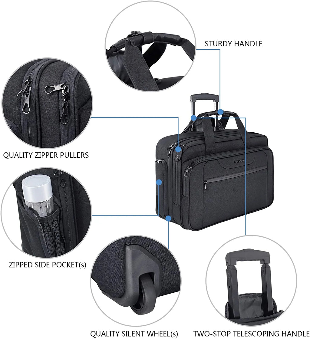 Rolling Laptop Bag Briefcase for 17.3" Laptop, Black T235
