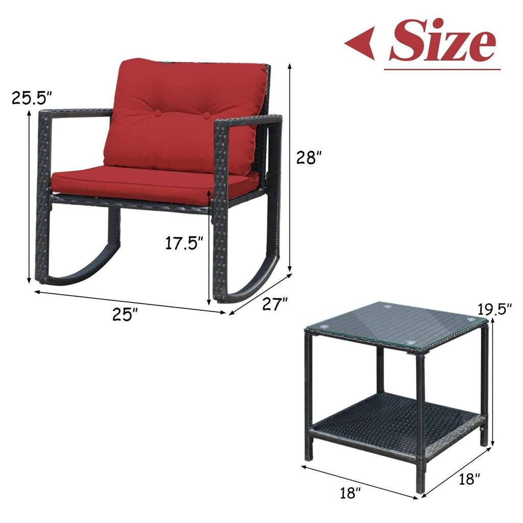 3-Piece Red Patio Wicker Bistro Furniture Set with 2 Rocking Chairs B1864