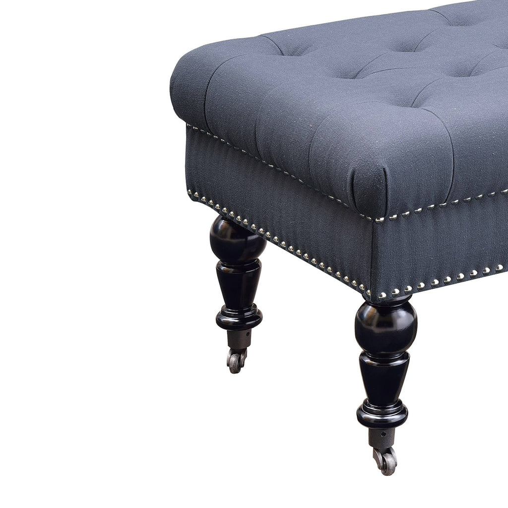 Black and Blue Button Tufted Bench with Caster Wheels H488
