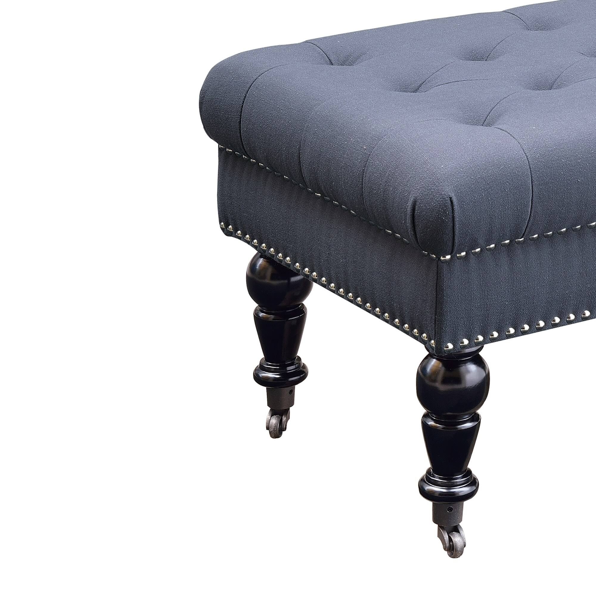 Black and Blue Button Tufted Bench with Caster Wheels H488