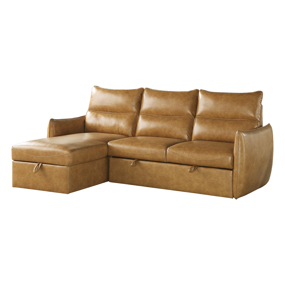 94 in. Wide 2-Piece Reversible Sectional Sofa in Brown Faux Leather with Pull-out Bed and Hidden Storage S267633