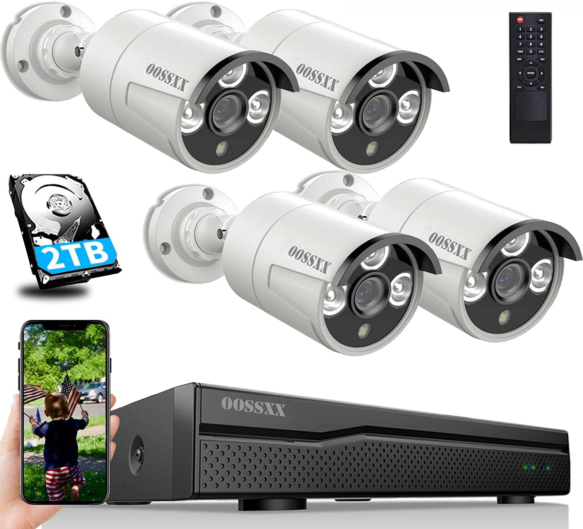 AI Detected POE Security Camera Systems, 8 Channel Outdoor Surveillance Video System, 4pcs IP67 Waterproof Cameras with Audio, 2TB H848844
