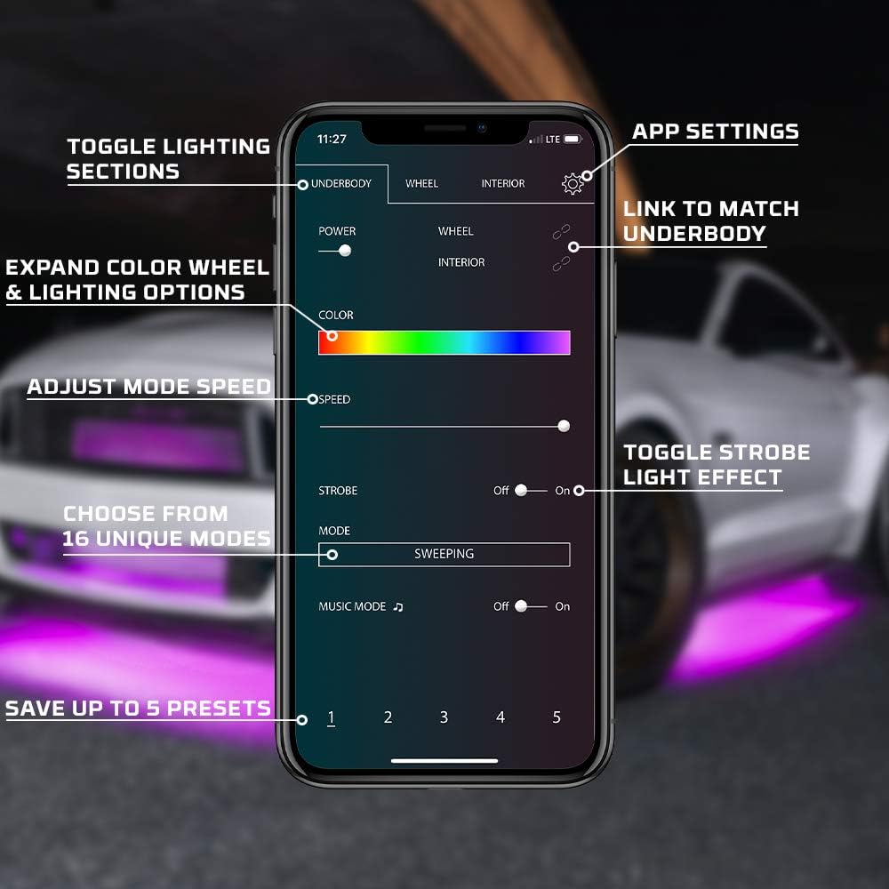 4pc Bluetooth LED Underbody Underglow Kit with Interior Footwell Accent Lighting S13443