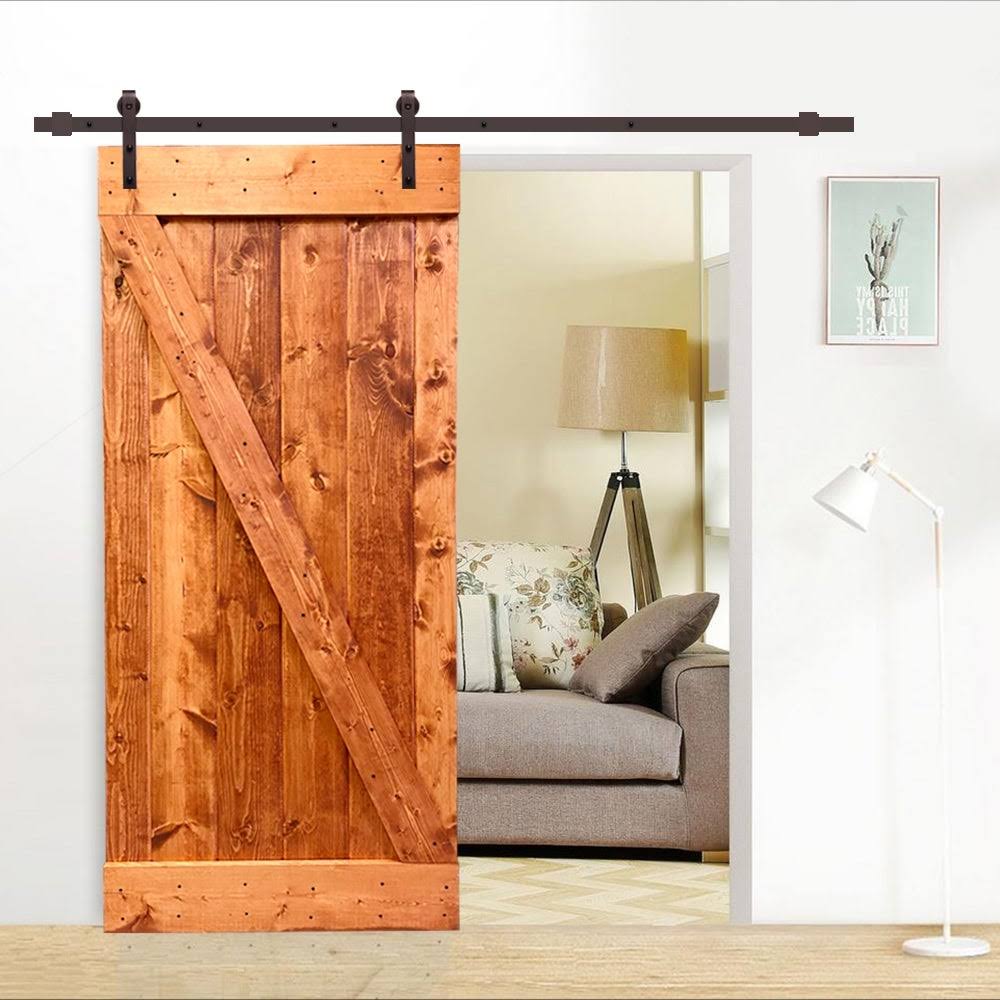 Red Walnut Stained Pine Wood Interior Sliding Barn Door with Hardware Kit L8720