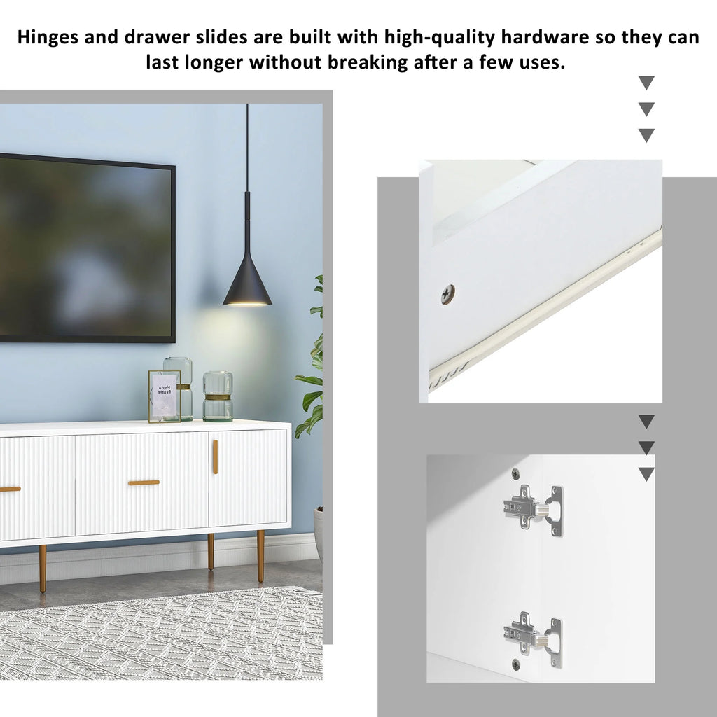 White Wood TV Stand with 5 Champagne Legs U621