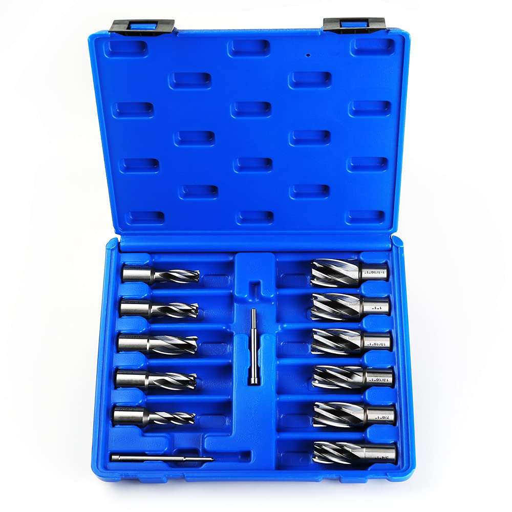 13pcs Annular Cutter Set, 1'' Cutting Depth, 3/4'' Weldon Shank, HSS Mag Drill Bits Kit with 2 pcs Pilot Pin L757