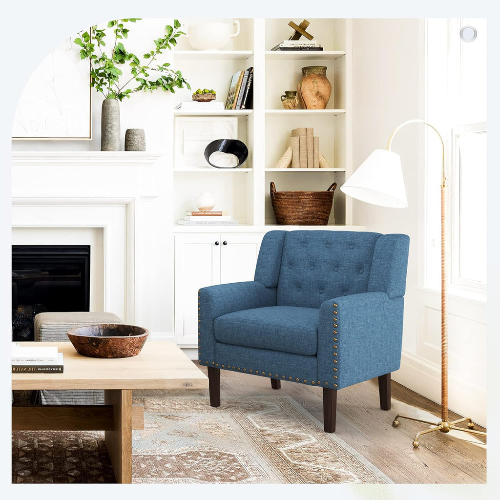 Navy Blue Linen Upholstered Button Tufted Accent Chair Z8531