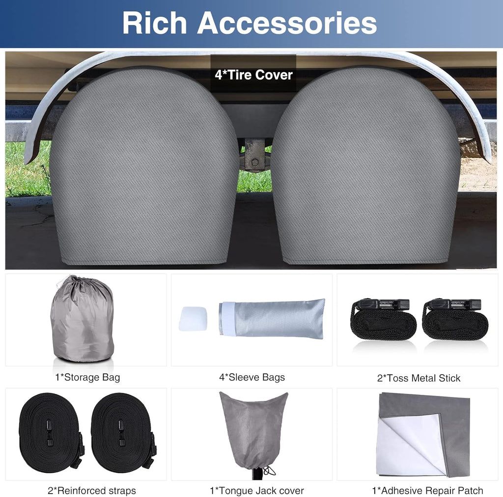 Upgraded Waterproof 500D Travel Trailer Cover with 4 Tire Covers, Tongue Jack Cover D9820
