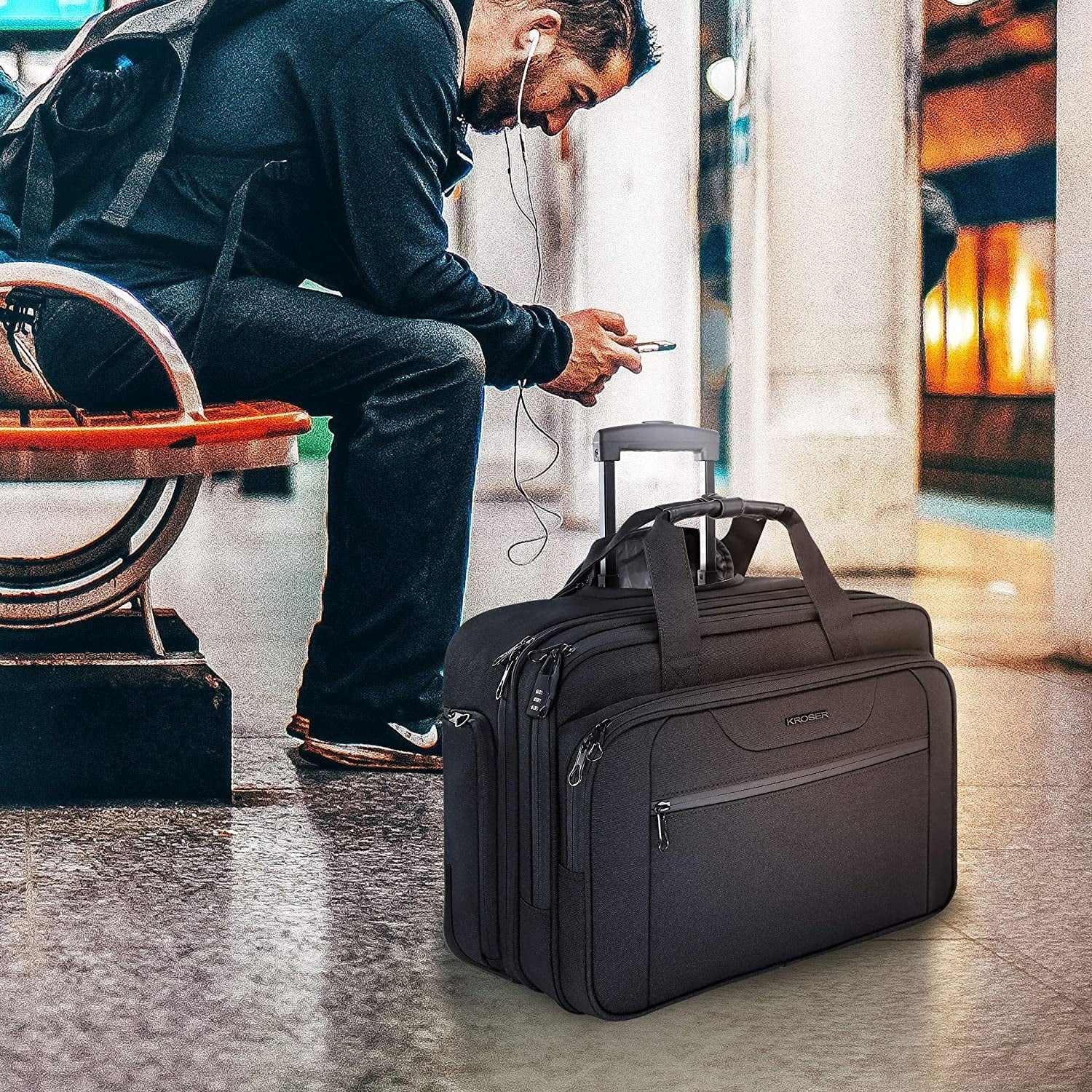 Rolling Laptop Bag Briefcase for 17.3" Laptop, Black T235