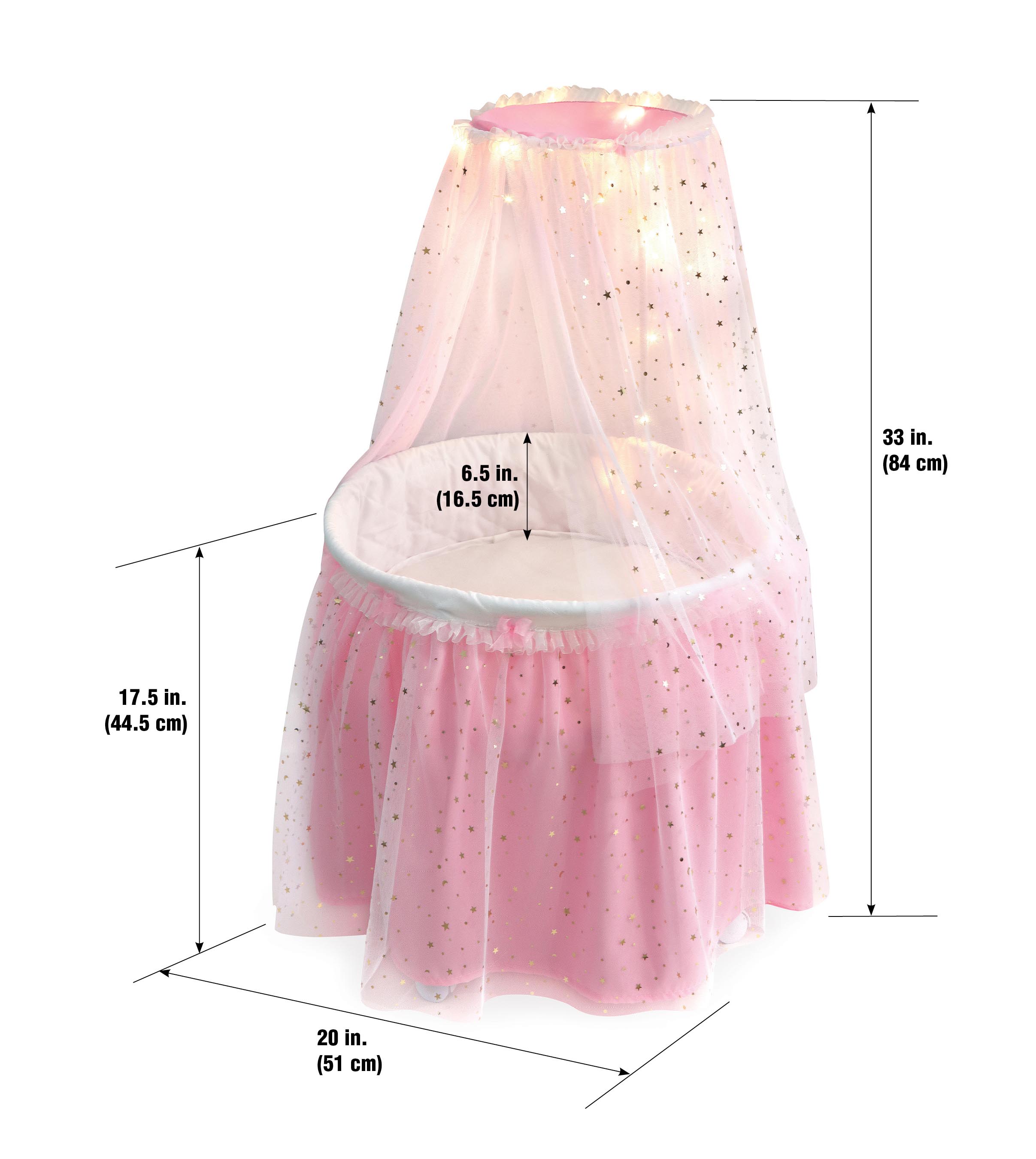 Pink Doll Bassinet with Canopy and Lights for 18 inch Dolls P196