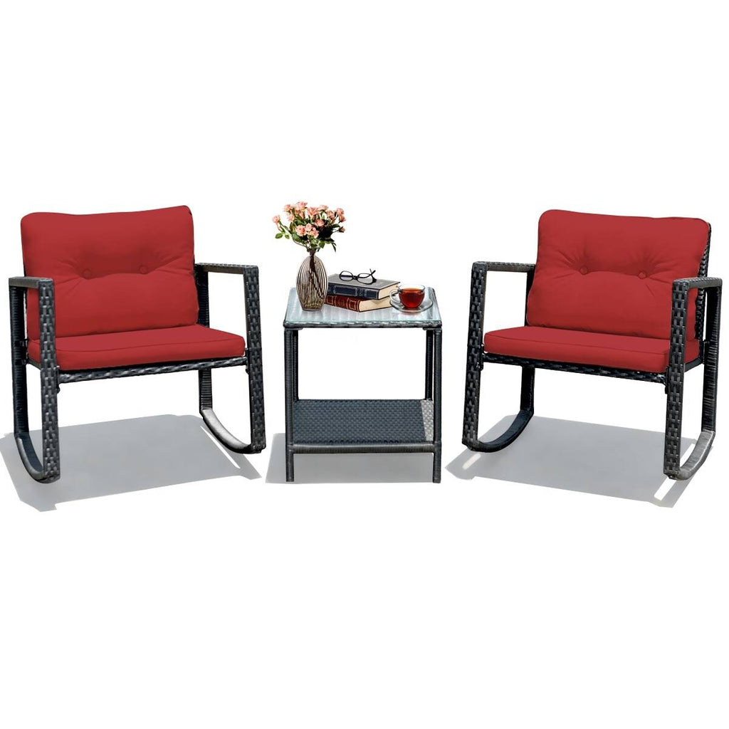 3-Piece Red Patio Wicker Bistro Furniture Set with 2 Rocking Chairs B1864