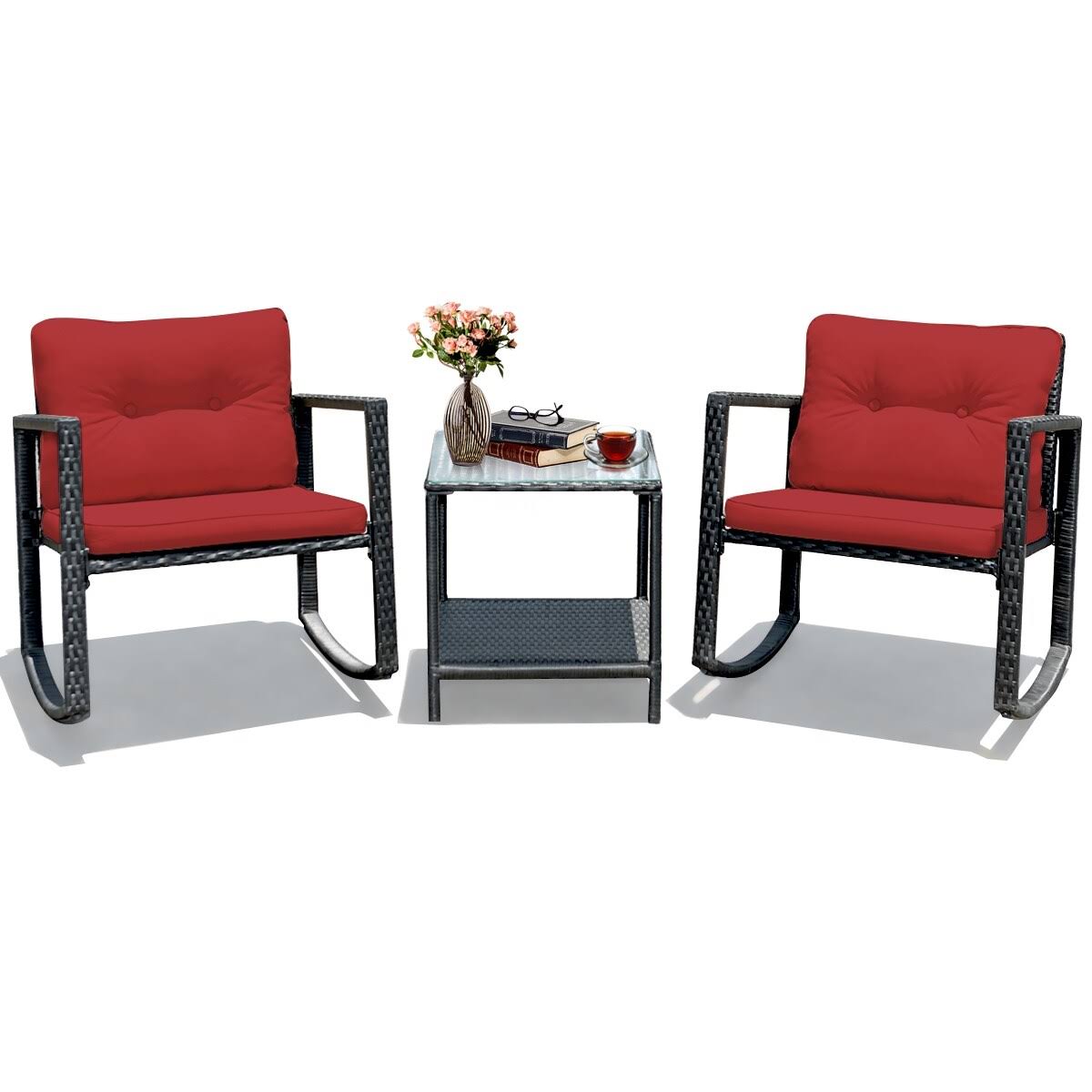 3-Piece Red Patio Wicker Bistro Furniture Set with 2 Rocking Chairs B1864