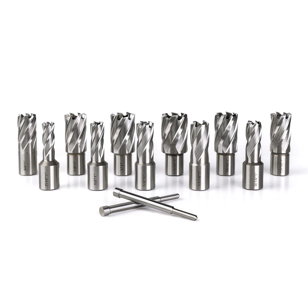 13pcs Annular Cutter Set, 1'' Cutting Depth, 3/4'' Weldon Shank, HSS Mag Drill Bits Kit with 2 pcs Pilot Pin L757