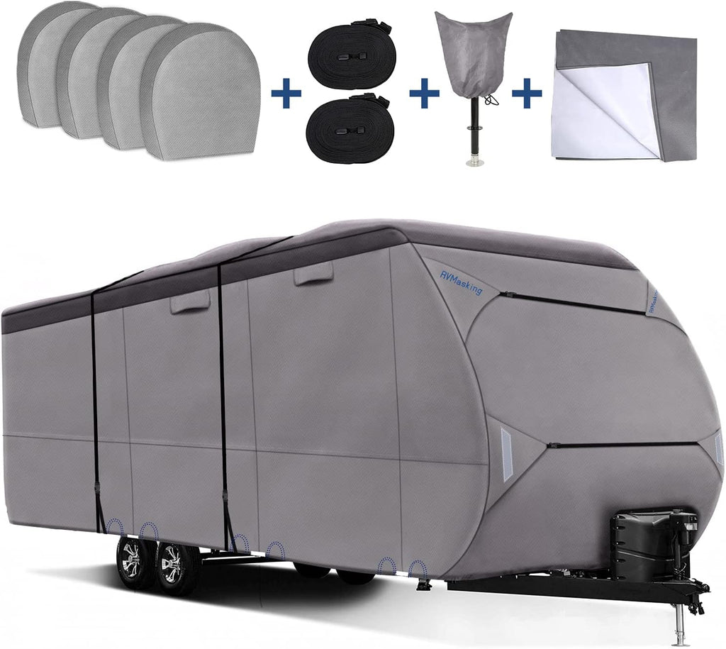 Upgraded Waterproof 500D Travel Trailer Cover with 4 Tire Covers, Tongue Jack Cover D9820