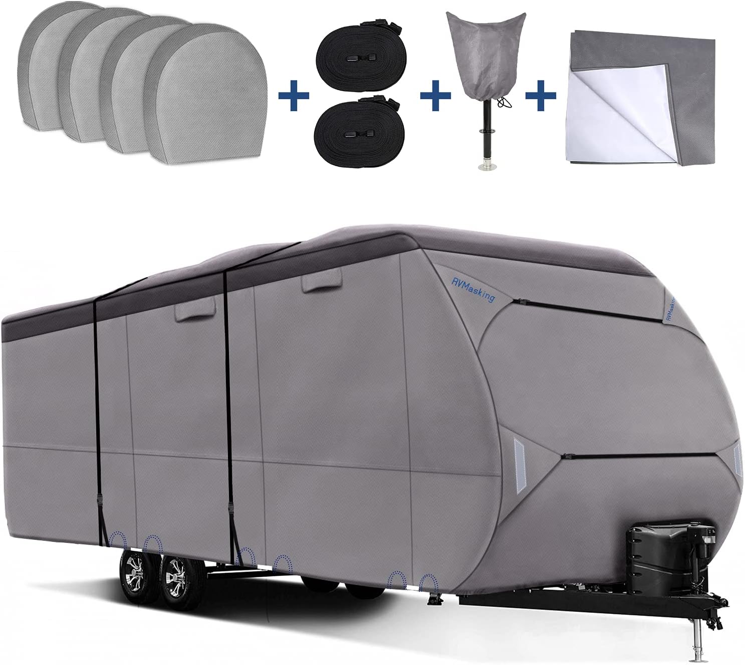 Upgraded Waterproof 500D Travel Trailer Cover with 4 Tire Covers, Tongue Jack Cover D9820
