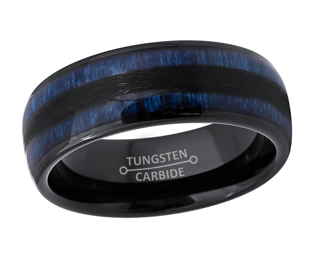 Black Dome Tungsten Carbide Ring with Blue Wood Inlay N356061