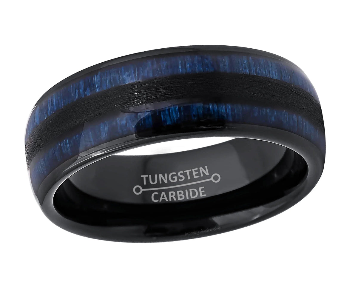Black Dome Tungsten Carbide Ring with Blue Wood Inlay N356061