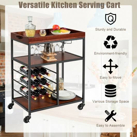 3 Tier Bar Serving Cart with Wine Rack and Glass Holder H694359