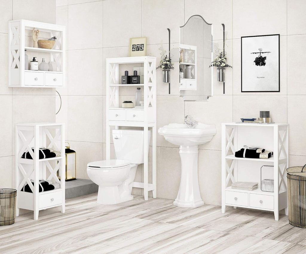 White 3-Shelf Bathroom Storage Tower with Single Drawers H534