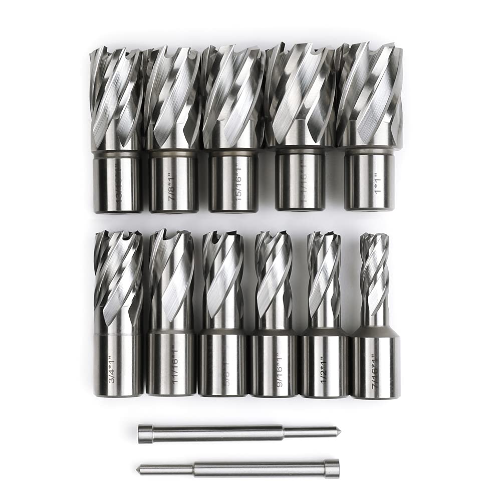 13pcs Annular Cutter Set, 1'' Cutting Depth, 3/4'' Weldon Shank, HSS Mag Drill Bits Kit with 2 pcs Pilot Pin L757