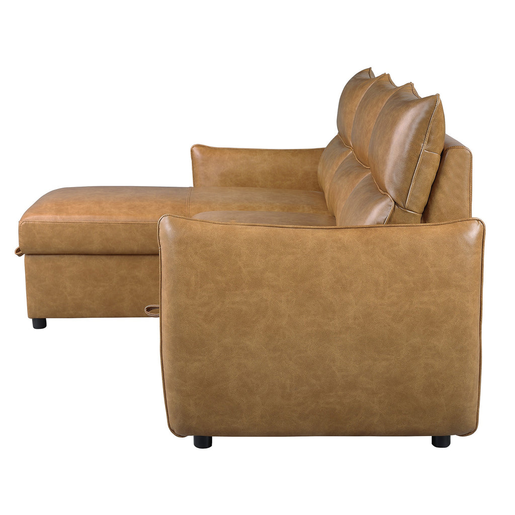 94 in. Wide 2-Piece Reversible Sectional Sofa in Brown Faux Leather with Pull-out Bed and Hidden Storage S267633