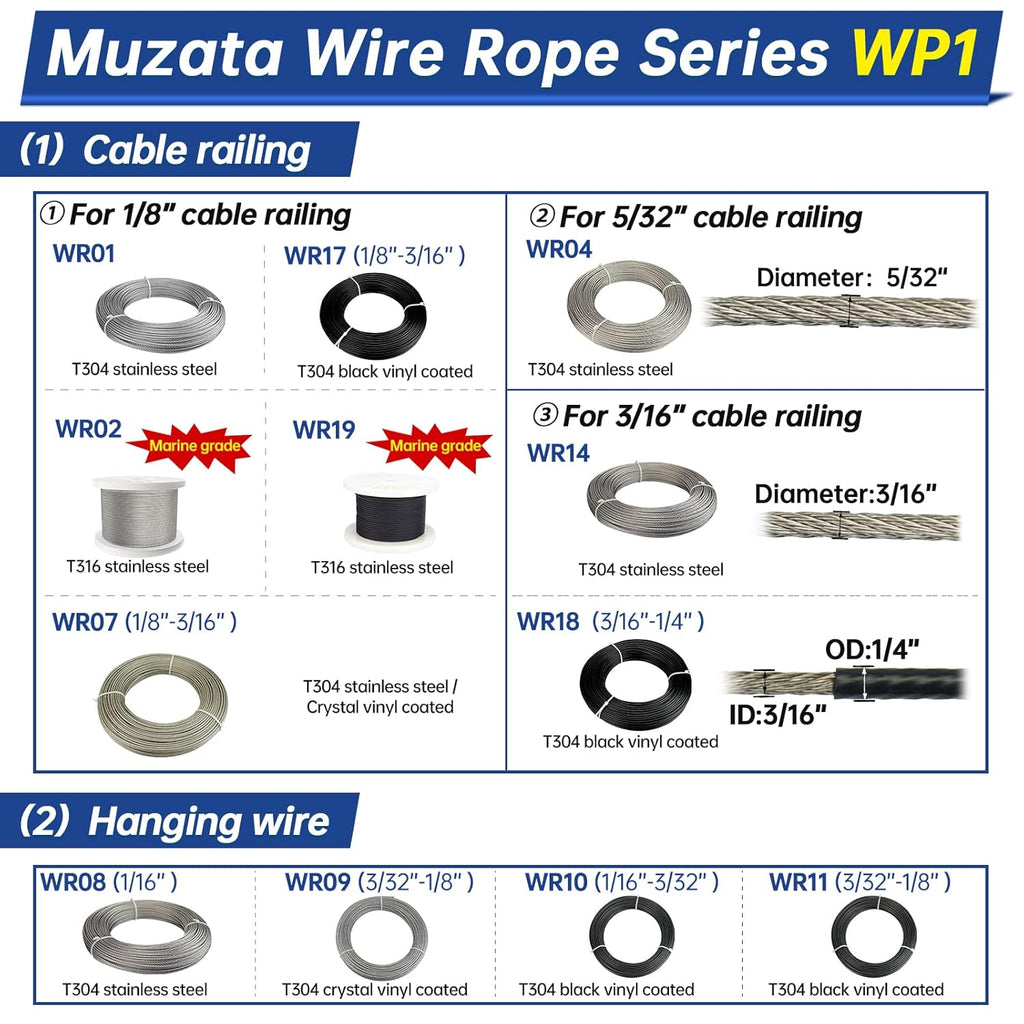 250ft 1/8 Black Wire Rope T316 Stainless Steel Marine Grade 7x7 Strand U775914