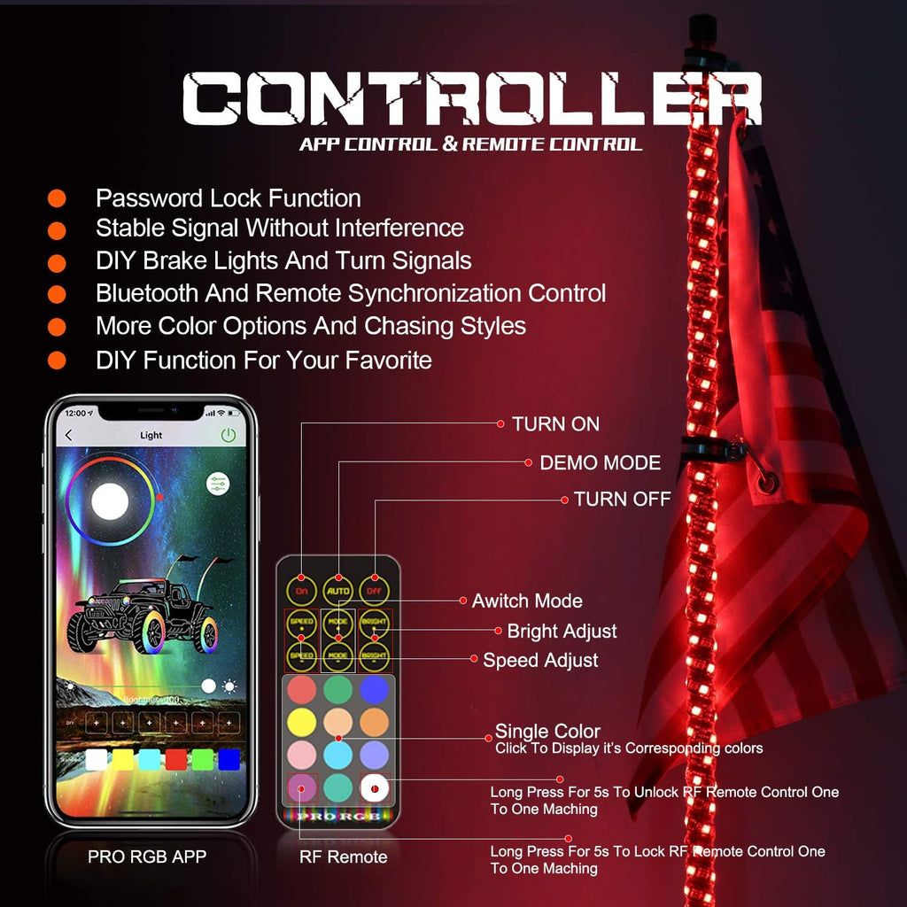 2PCS 3FT LED Whips Light with Remote and app Control Z6706