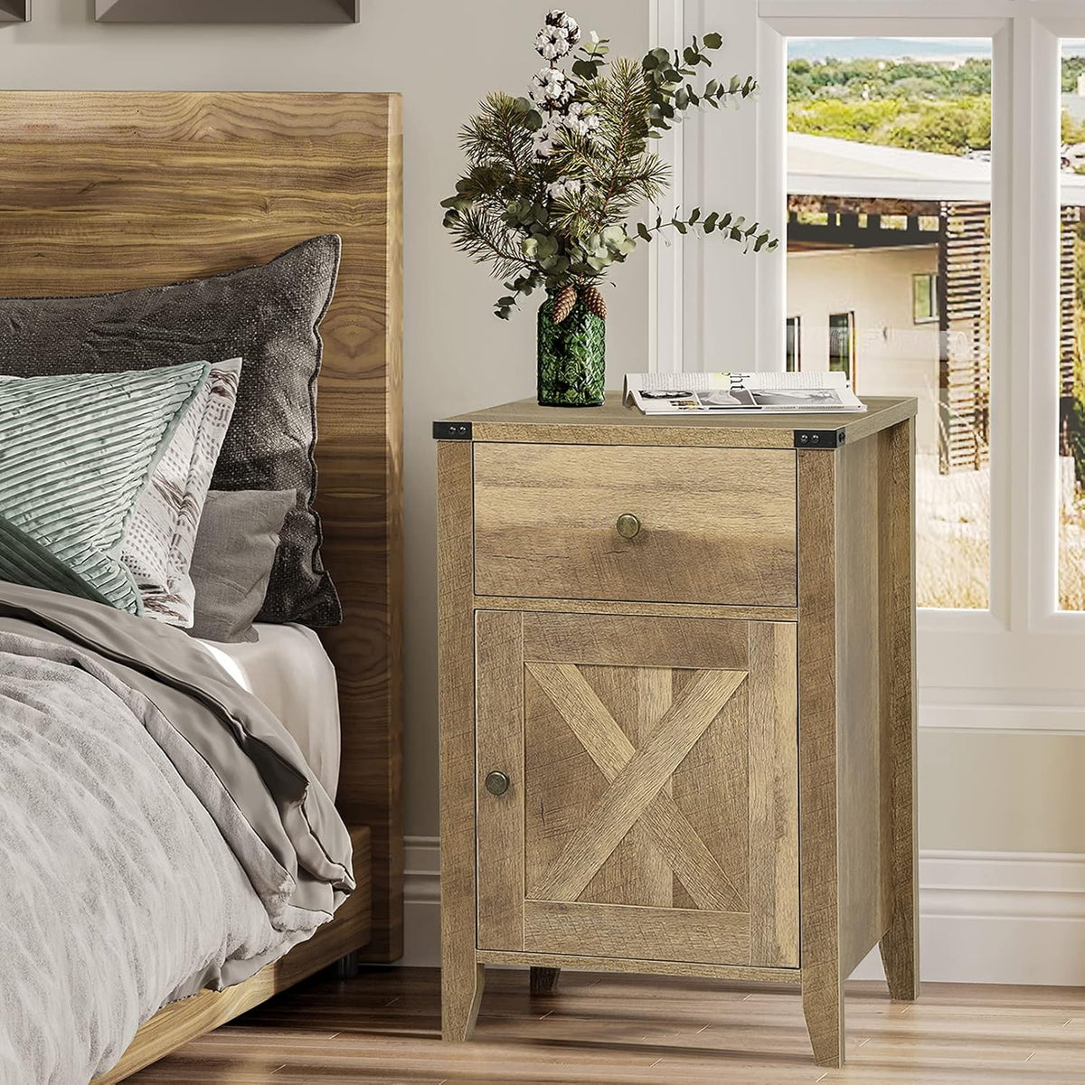 Rustic Oak End Table with Cabinet and Drawer C4238