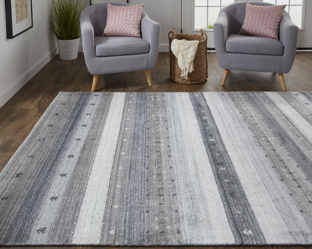Handmade Stripes Gray Silver Black Area Rug V860