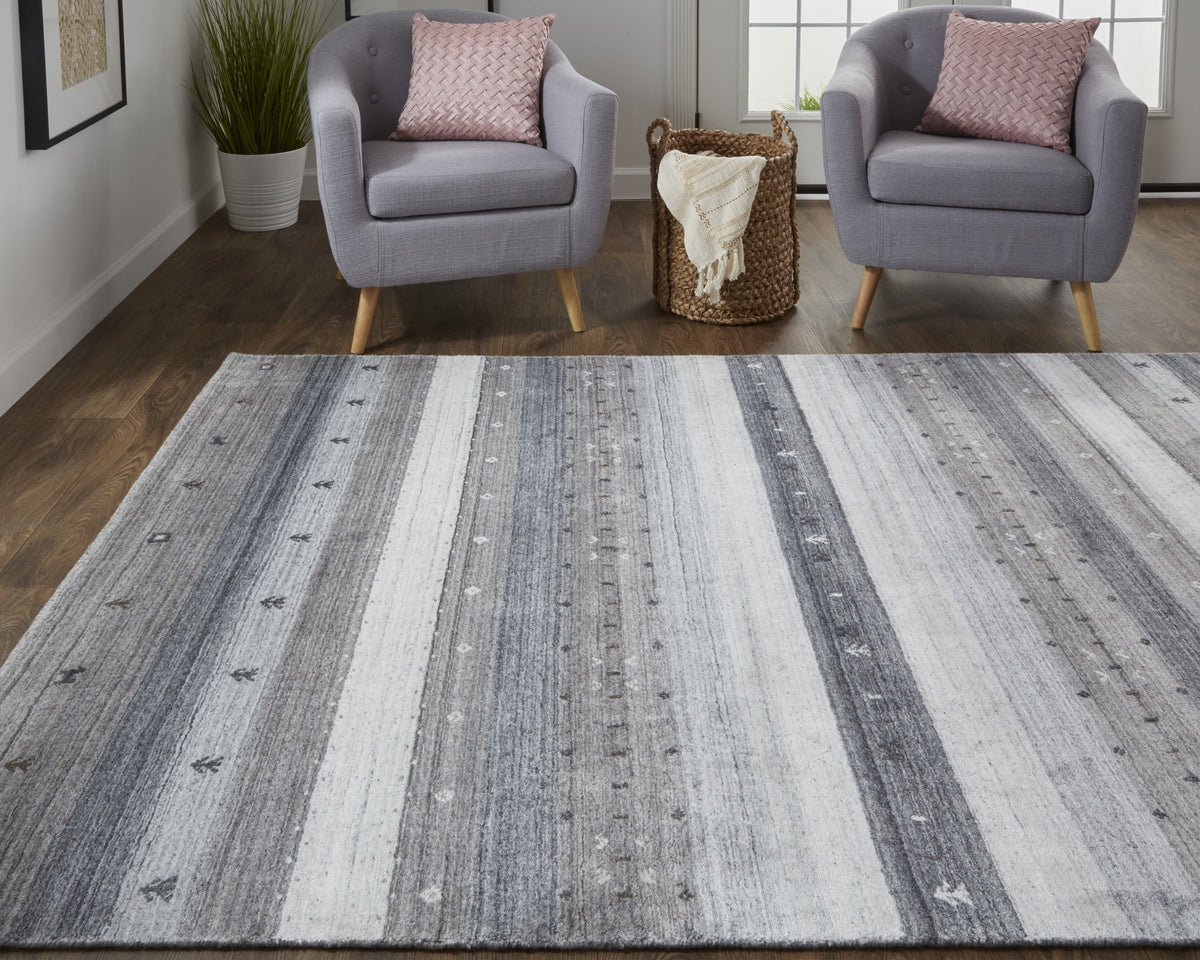 Handmade Stripes Gray Silver Black Area Rug V860