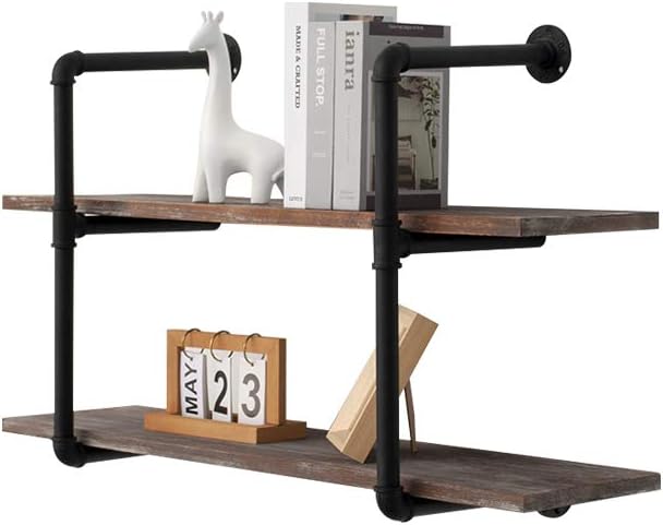Industrial Pipe Bookcase Shelf Retro Floating Wood Shelving, Weatherd Brown C263