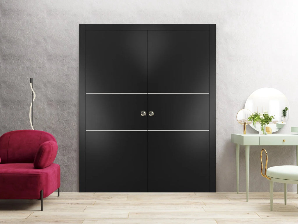 Matte Black Sliding French Double Pocket Doors with Frosted Glass, Solid Wood Interior Doors A8260