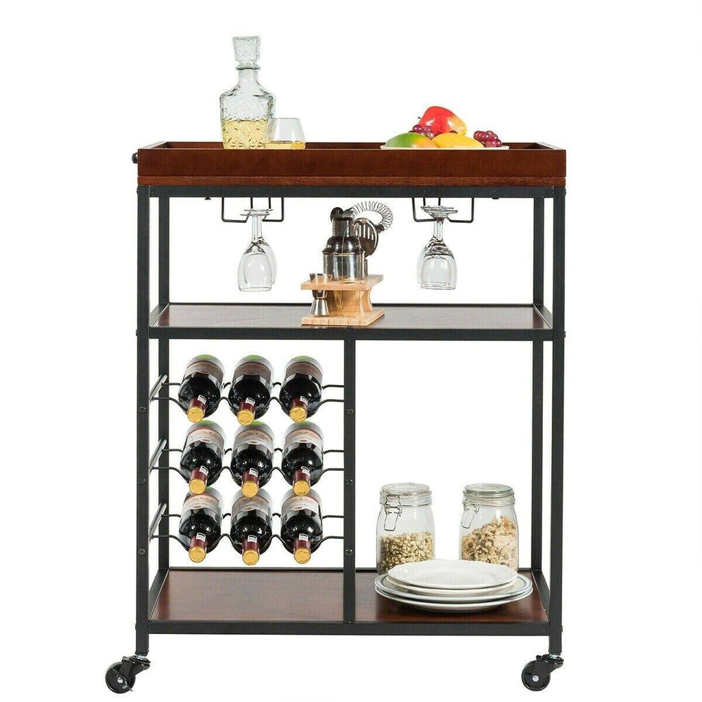 3 Tier Bar Serving Cart with Wine Rack and Glass Holder H694359