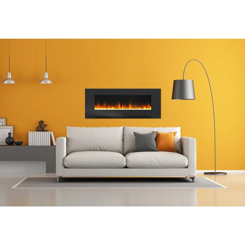 Black Wall-Mount Electric Fireplace with Multi-Color Flames and Crystal Rock Display Y67104