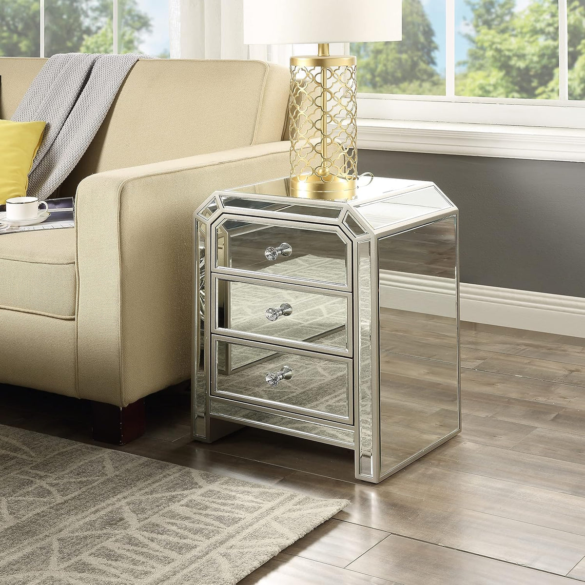 Mirrored Nightstand with 3-Drawers V3382