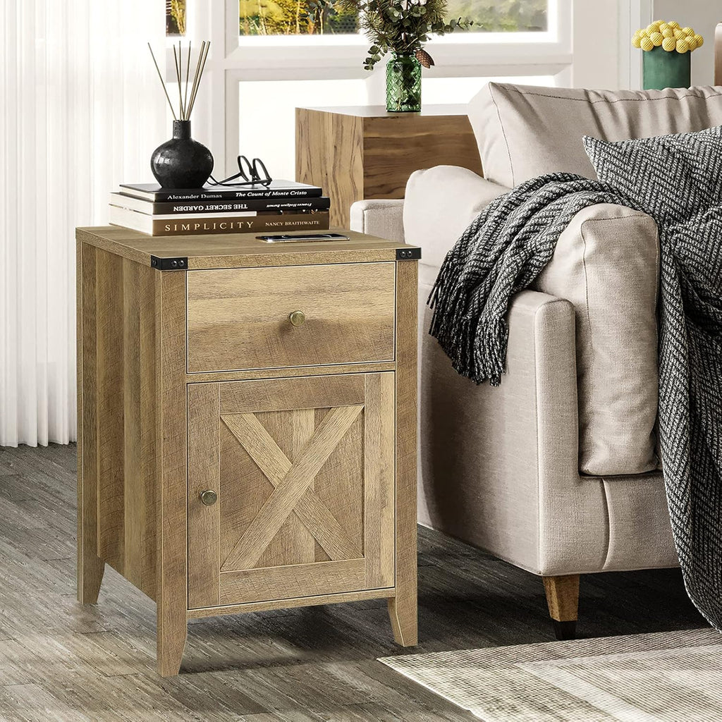 Rustic Oak End Table with Cabinet and Drawer C4238