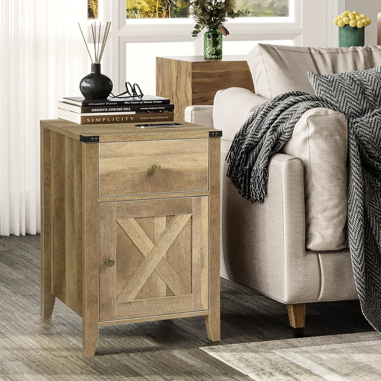 Rustic Oak End Table with Cabinet and Drawer C4238