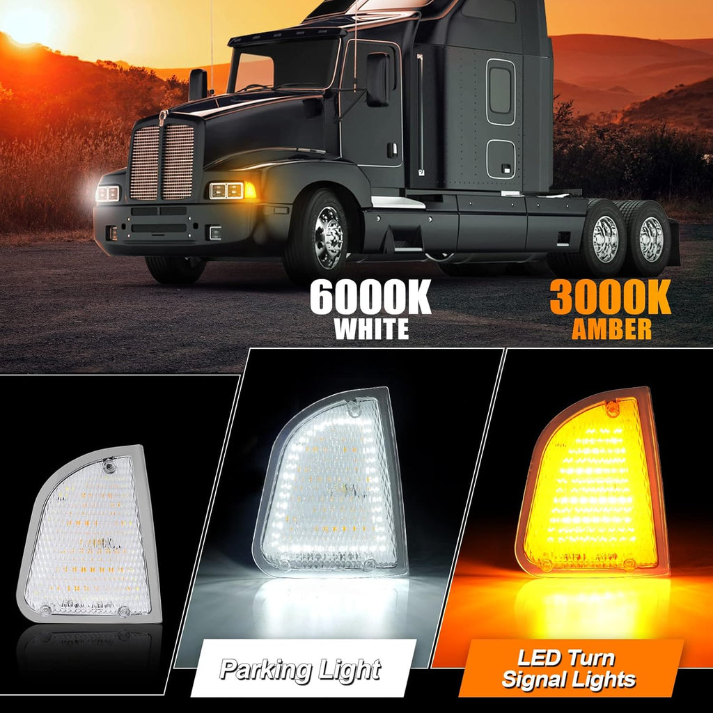 Front LED Turn Signal and Parking Lights Assembly for Kenworth T600 T660 K300 T300 T330, Amber and White, LH & RH, Clear Lens U2617