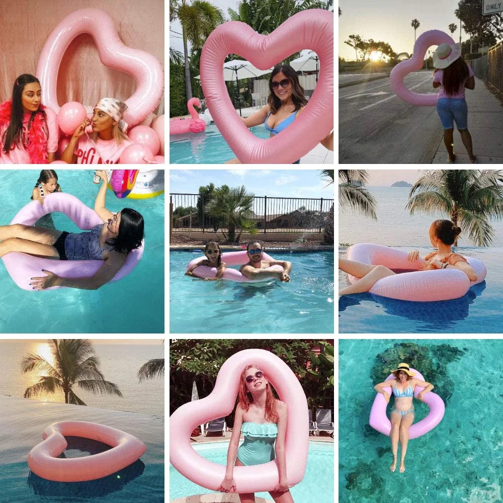 Inflatable Swim Rings Heart Shaped Pool Float Tube Pink N4341