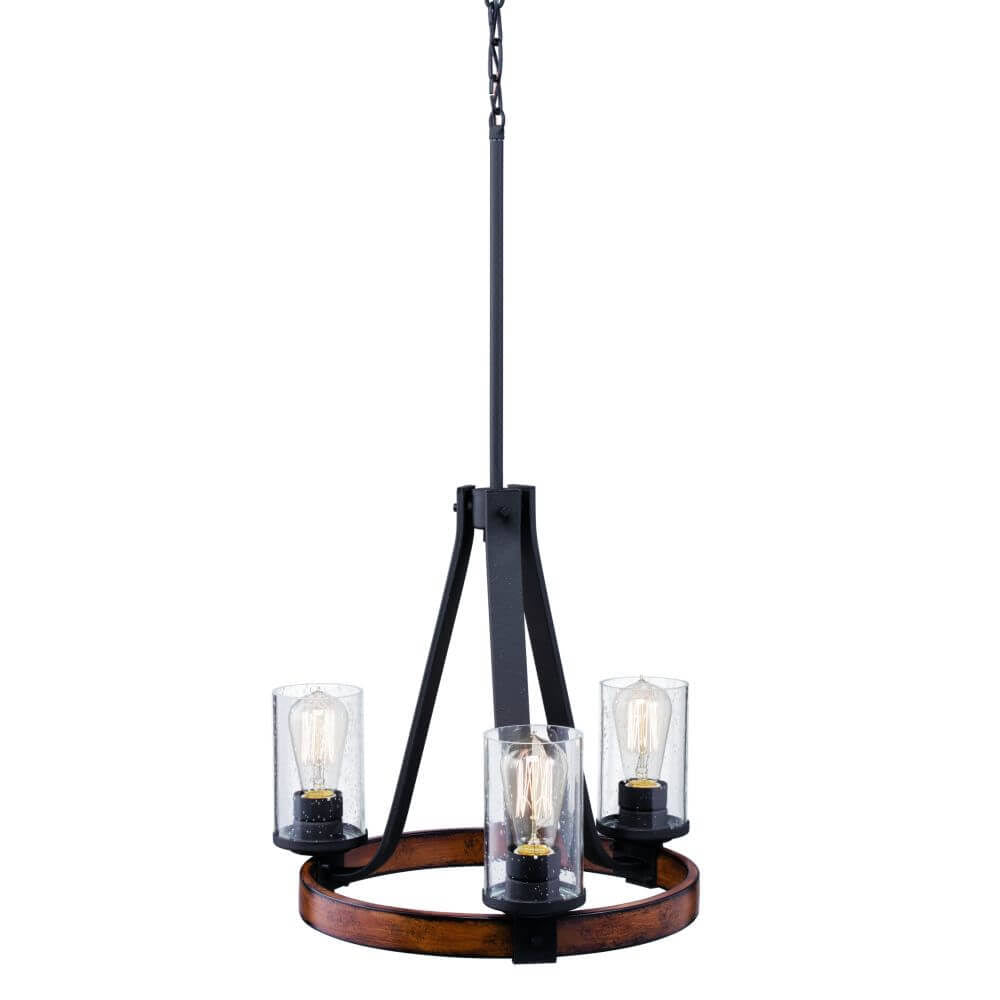 3 Light Distressed Black Faux Wood Chandelier with Clear Seedy Glass P458442