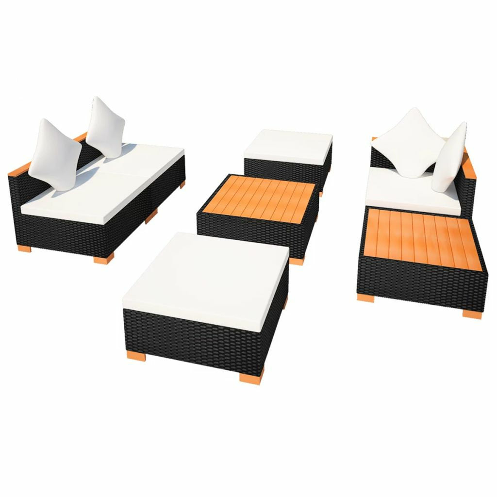 7 Piece Outdoor Sectional Sofa Set with Coffee Table and Ottoman Black Poly Rattan U7953