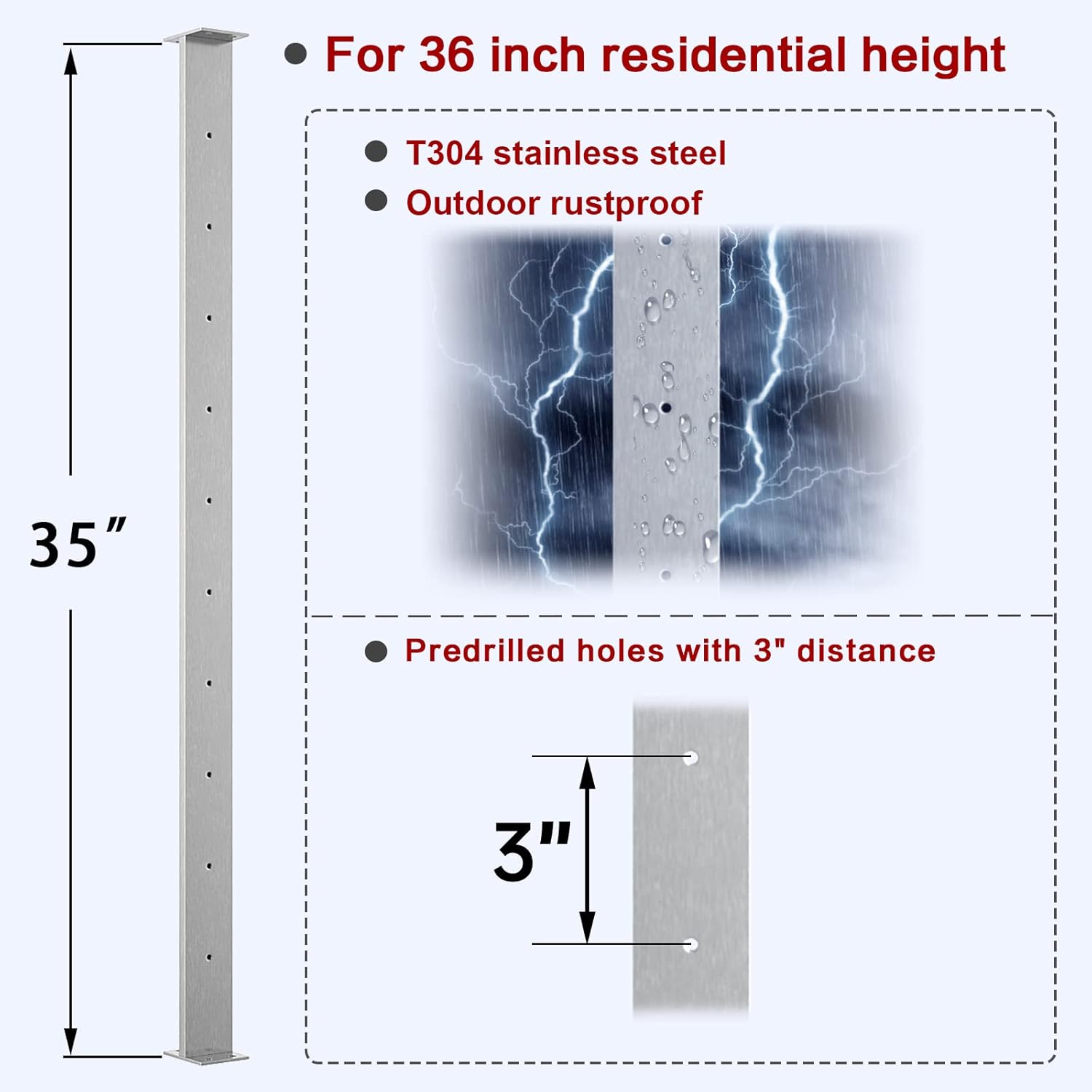 36x3/8x2 Stainless Steel Brushed Pre-Drilled Cable Railing Post H734151