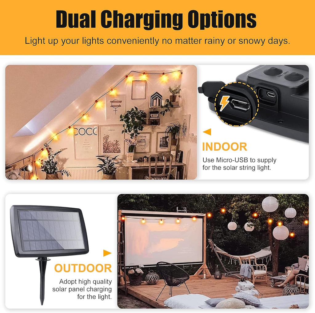 Solar String Lights 15+2 LED Bulbs Waterproof 2700K USB Rechargeable F225649