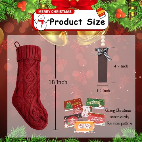Set of 6 White Red Green 18" Cable Knitted Christmas Stockings with Wooden Name Tags D2479